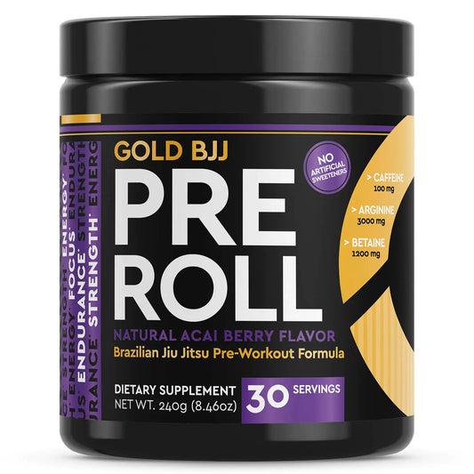 Gold BJJ PreRoll - Jiu Jitsu Pre Workout Supplement for Energy Focus and Endurance - Martial Arts Specific Pre-Workout Powder Formula with Natural Flavors (Acai Berry 30 Servings)